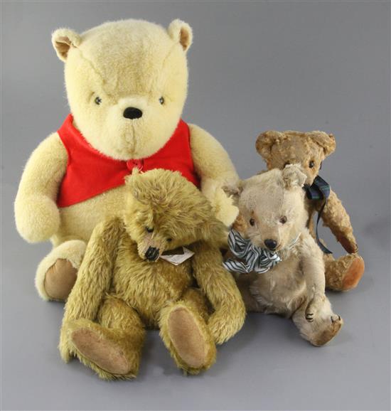 Four bears: Winnie; Chiltern 1950s, Ragamuffin bear and another
